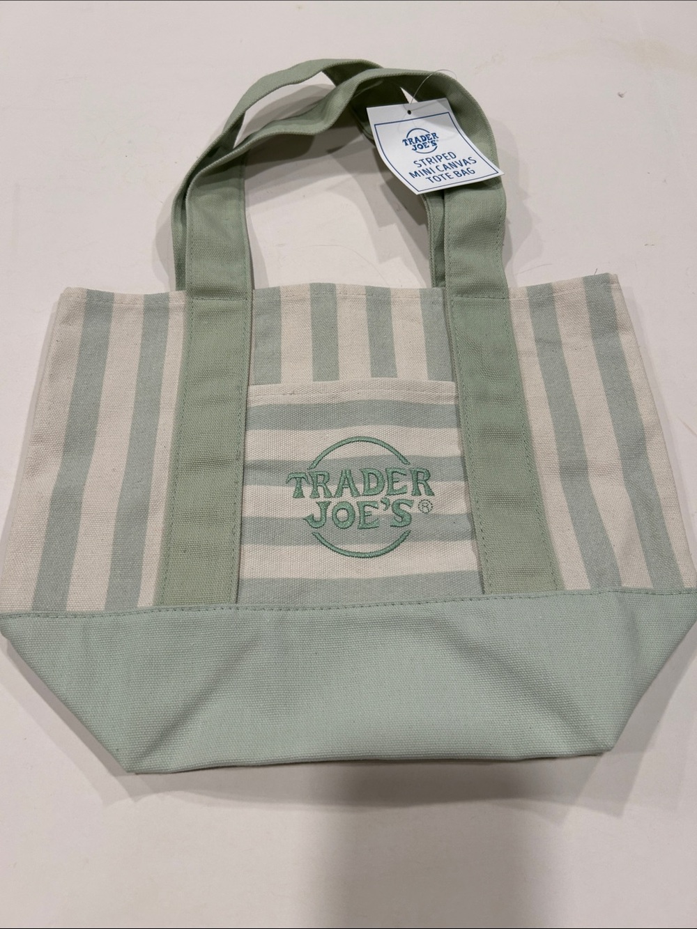 Trader Joe’s Sage Green Striped Canvas Mini Tote Bag NWT